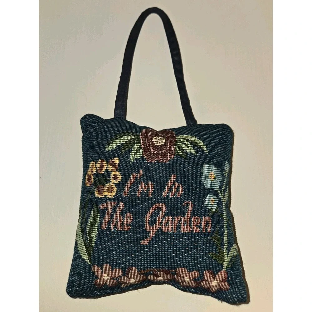 Vintage Needlepoint I'm In The Garden Door Hanger Pillow Floral Navy Blue Small